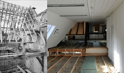 <p>Bij de restauratie werd een nieuwe langskap van het achterhuis aangesloten op de bestaande dwarskap van het voorhuis. Links een foto van de openliggende kapconstructie van het voorhuis in 1973, rechts de huidige situatie vanuit de kap van het achterhuis (beeldbank RCE). </p>
